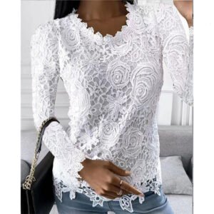 Plus Size Women's Solid Lace Top, Floral Pattern Round Neck Long Sleeve Blouse For Spring And Fall