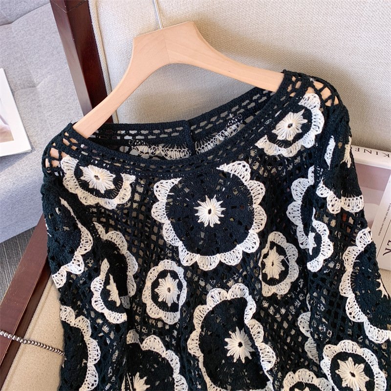 Women's Crochet Lace Yoke Sweater, Geometric Pattern Long Sleeve Pullover With Eyelet Embroidered Trim - Image 10