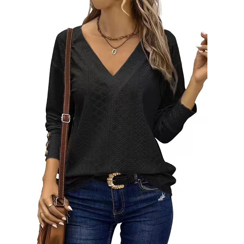 Womens Long Sleeve Eyelet Tops V Neck Fall Shirts Casual Loose Blouses Trendy Clothes - Image 2