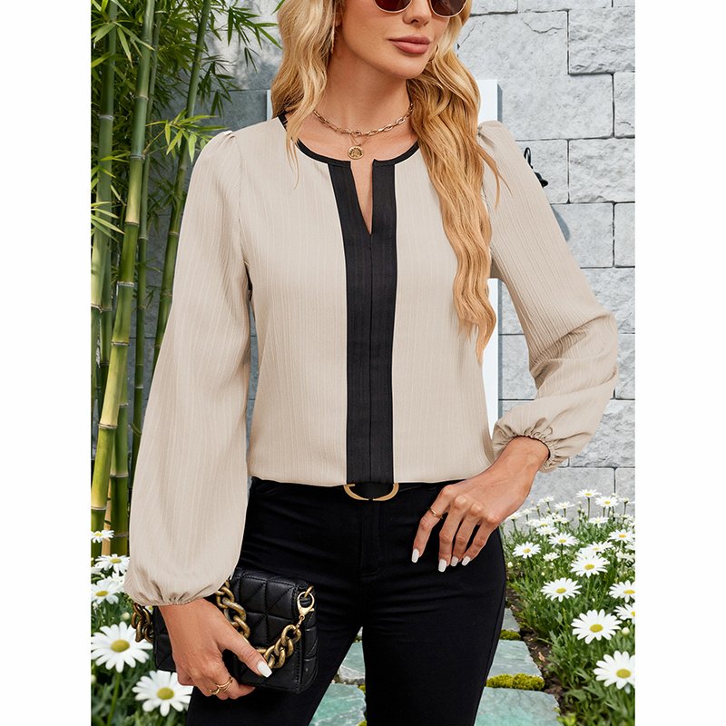 Women's Color Block Blouse, V-Neck Long Sleeve Work Shirt, Dressy Casual Business Tops For Fall - Image 8