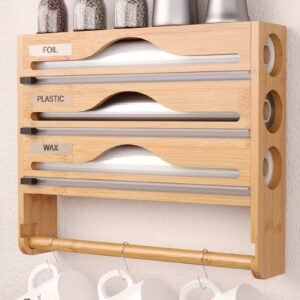 A Bamboo Cling Film Cutter With A Tissue Holder, A Wall-Mounted Foil Cutter For The Kitchen, A Three-Compartment Cutter, And A Paper Storage Rack.