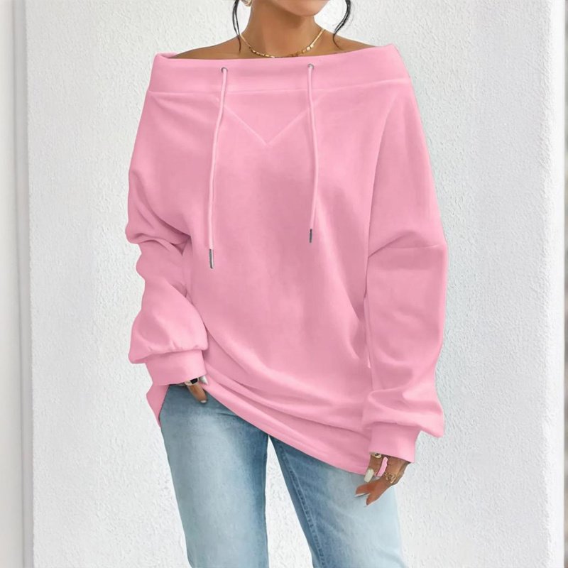 Plus Size Women's Solid Color Off-Shoulder Long Sleeve Pullover With Drawstring - Casual Ribbed Detail Top For Spring&Fall - Image 10