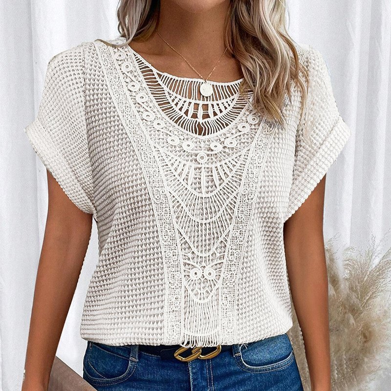 Women's Lace Splicing Short Sleeve Crew Neck T-Shirt Summer Loose Fit Casual Tee Top - Image 9