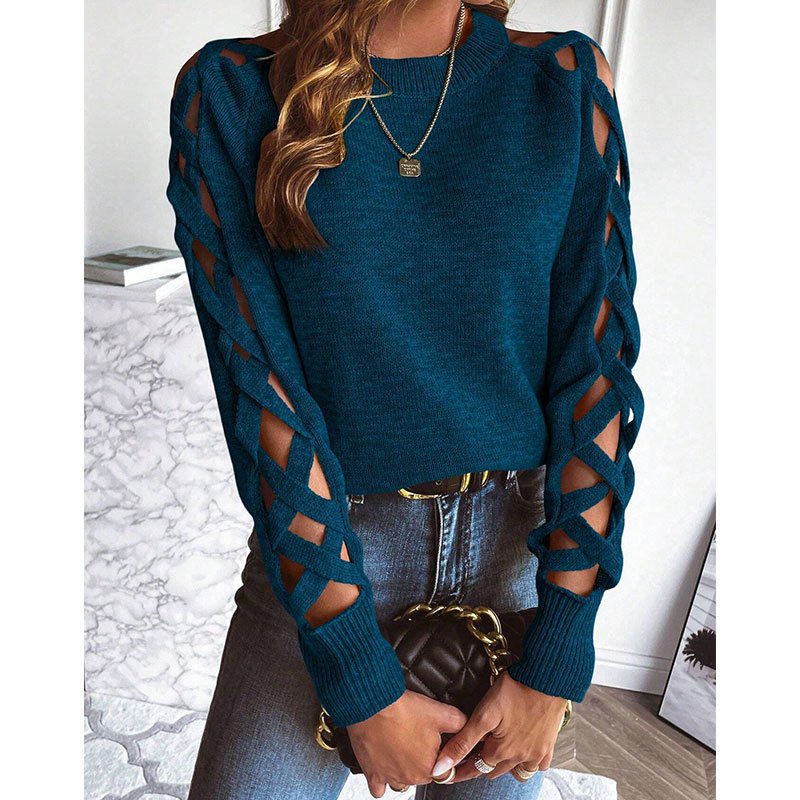 Women's Casual Long Sleeve Hollow Out Sweater, Trendy Chic Crewneck Openwork Knit Pullover Top For Fall - Image 5