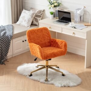 AA Furniture Office Chair,Artificial Rabbit Hair Home Office Chair With Golden Metal Base,Adjustable Desk Chair Swivel Office Chair,Vanity Chair Orange