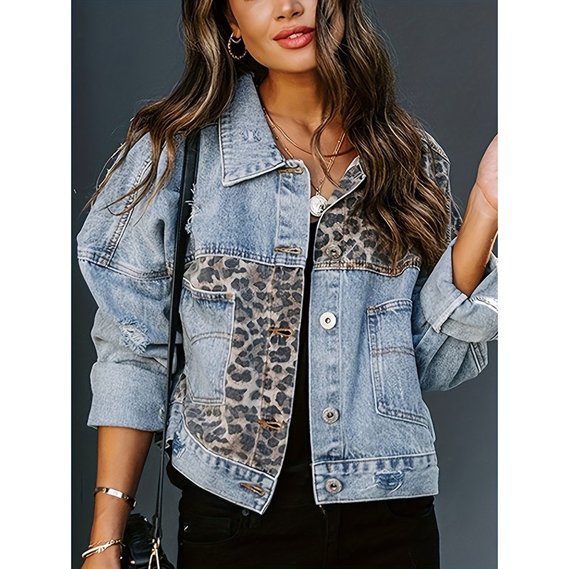 Women's Cropped Distressed Denim Jacket Ripped Button Down Jean Jacket Long Sleeve Casual Streetwear Coat - Image 2