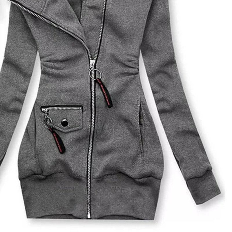 Women's Solid Color Long Sleeve Zip-Front Drawstring Hooded Jacket With Pockets Slim Fit Pleated Detail Top For Spring&Fall - Image 3