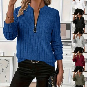 Women's Elegant Half-Zip Knit Sweater Round Neck Long Sleeve Pullover For Solid Color Casual Wear