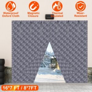 1Pc 16x7FT Magnetic Thermal Insulated Garage Door Curtain For Winter Two Car Garage Screen With Magnetic Closure 8 Roll Up Buckle Straps For Two Cars Weatherproof Windproof Soundproof