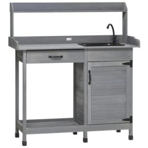 Gray Outdoor Potting Bench With Sink And Faucet ,Hooks,Storage Cabinet