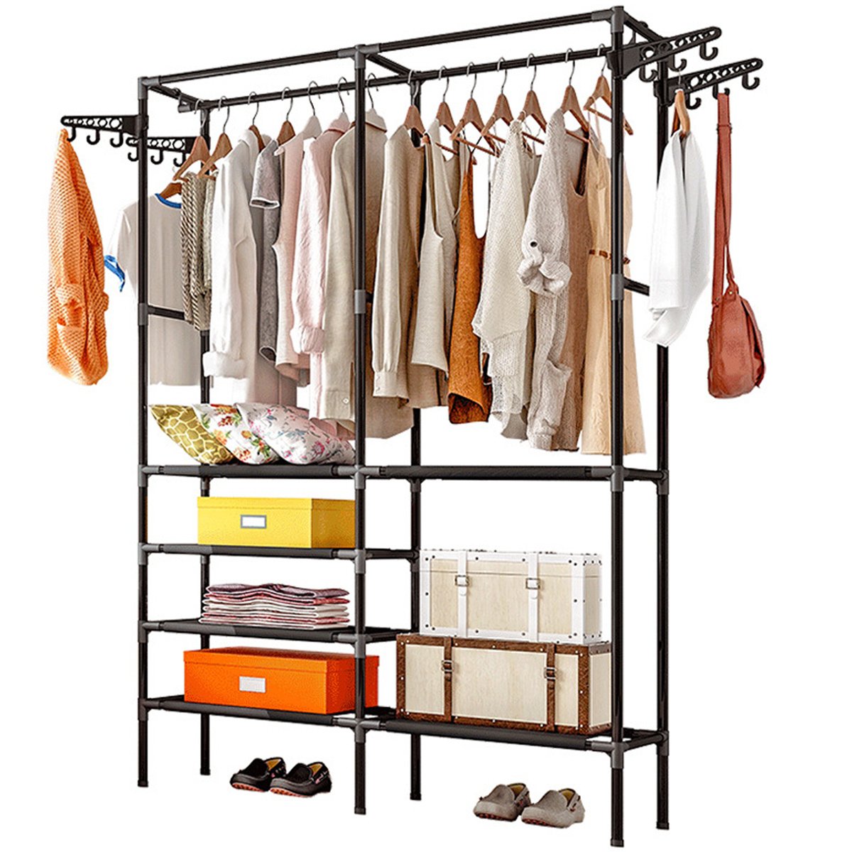 Heavy Duty Clothes Rack Double Rods Clothing Racks For Hanging Clothes White Black Multi-functional Garment Racks With 4 Tiers Closet Shelves And Rotatable - Image 8