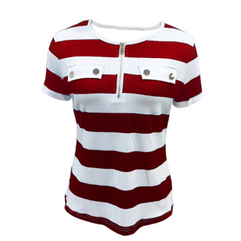Women's Color Block Short Sleeve T-Shirt Striped Zipper Front Top Casual Summer Blouse Tee - Image 2