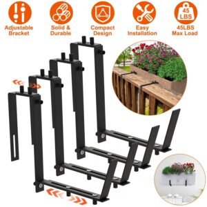 Telescopic Window Planter Bracket, Iron No-Drill Wall-Mounted Flower Box Holder, Tray & Dual-Size Hook, Indoor Outdoor Rustproof Rail Hanging Basket Support, With 24 Screws & Screw