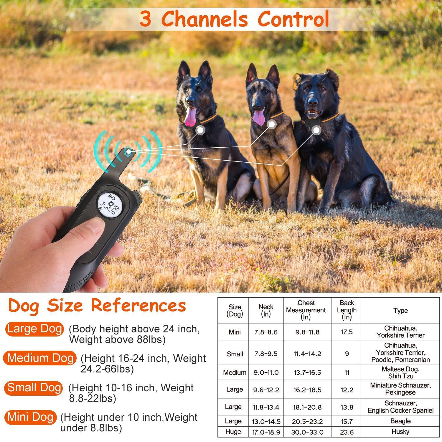 1Pc 984FT Dog Training Collar IP65 Waterproof Pet Beep Vibration Electric Shock Collar 3 Channels Rechargeable Transmitter Receiver Trainer With Recording Safety Keypad Lock - Image 5