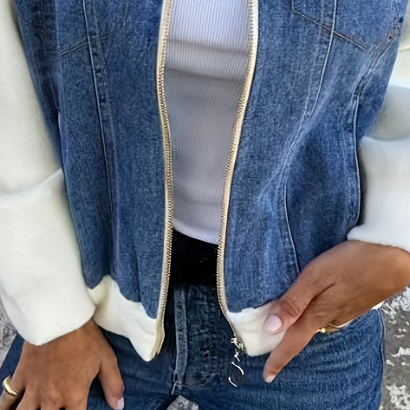 Women's Denim Patchwork Zip-Up Jacket Stand Collar Casual Coat With Button-Decorated Flap Pockets Fall Winter Fashion Outerwear - Image 7