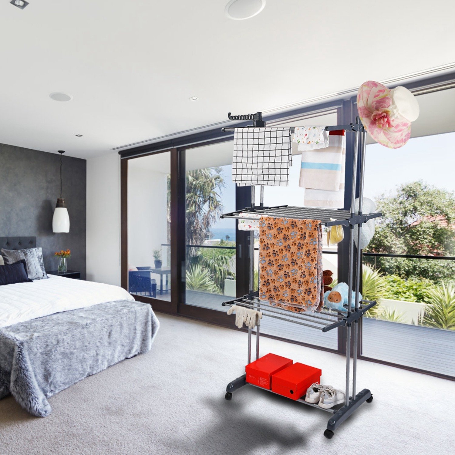 1Pc Clothes Drying Rack Rolling Collapsible Laundry Dryer Hanger Stand Rail Shelve Wardrobe Clothing Drying Racks With Dual Side Wings - Image 2