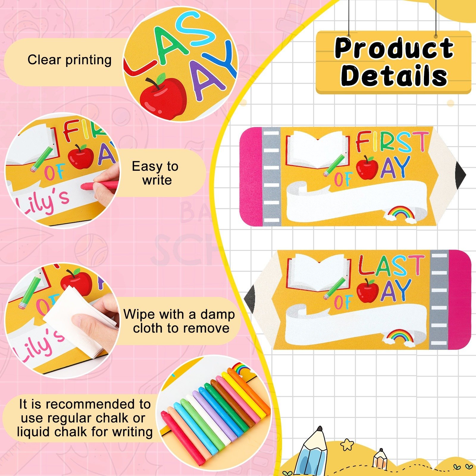 First And Last Day Of School Board Sign,Double Sided Printing Pencil Chalkboard For 1st Day Of Kindergarten Preschool, Back To School Supplies Photo Props Clearance - Image 3