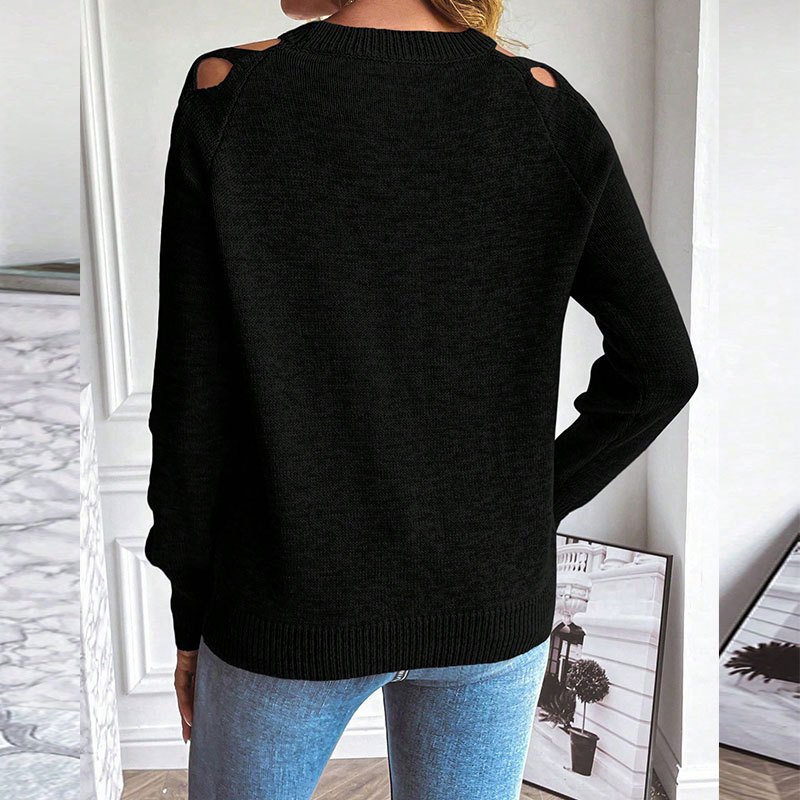 Women's Casual Long Sleeve Hollow Out Sweater, Trendy Chic Crewneck Openwork Knit Pullover Top For Fall - Image 4