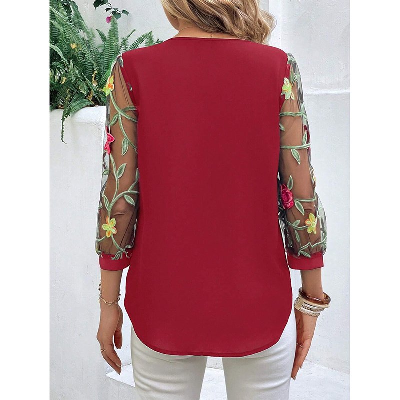 Women's Floral Embroidery Contrast Mesh Puff Sleeve Crew Neck Tee Shirt Tops - Image 5