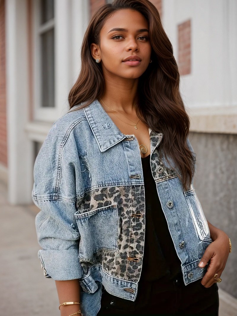 2025 Wear And Tear Denim Jacket, Women's Leopard Patch Short Jacket, Fashionable Street Outdoor Style, Women's Leopard Print Denim Jacket, Cool And Casual - Image 3