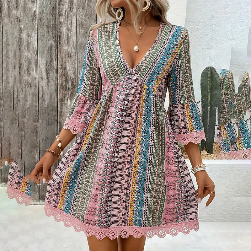 Women's V-Neck Print Dress - Lace Trim Summer Sundress, Casual Boho Chic Style - Image 8