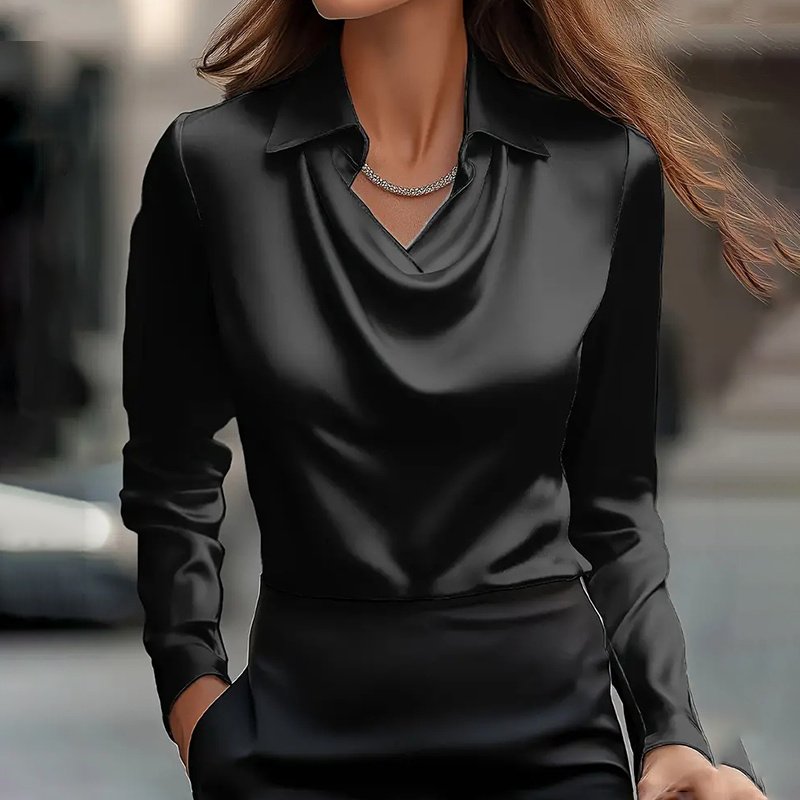 Women's Elegant Long Sleeve Blouse - Solid Color Lapel Top With Ruched Chest Detail Office & Casual Wear For Spring Fall - Image 8