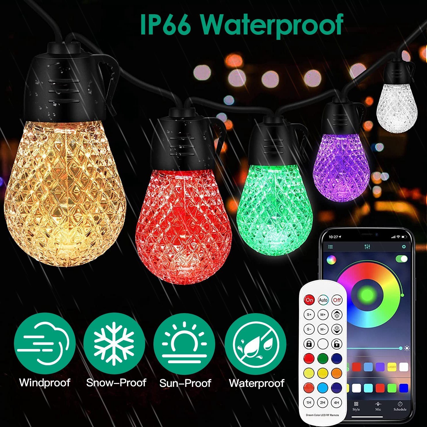 52.5FT Colorful Outdoor String Lights Smart RGB LED Patio Lights IP66 Waterproof Dimmable Hanging Light Bulbs With APP Remote Control 15 Bulbs - Image 6