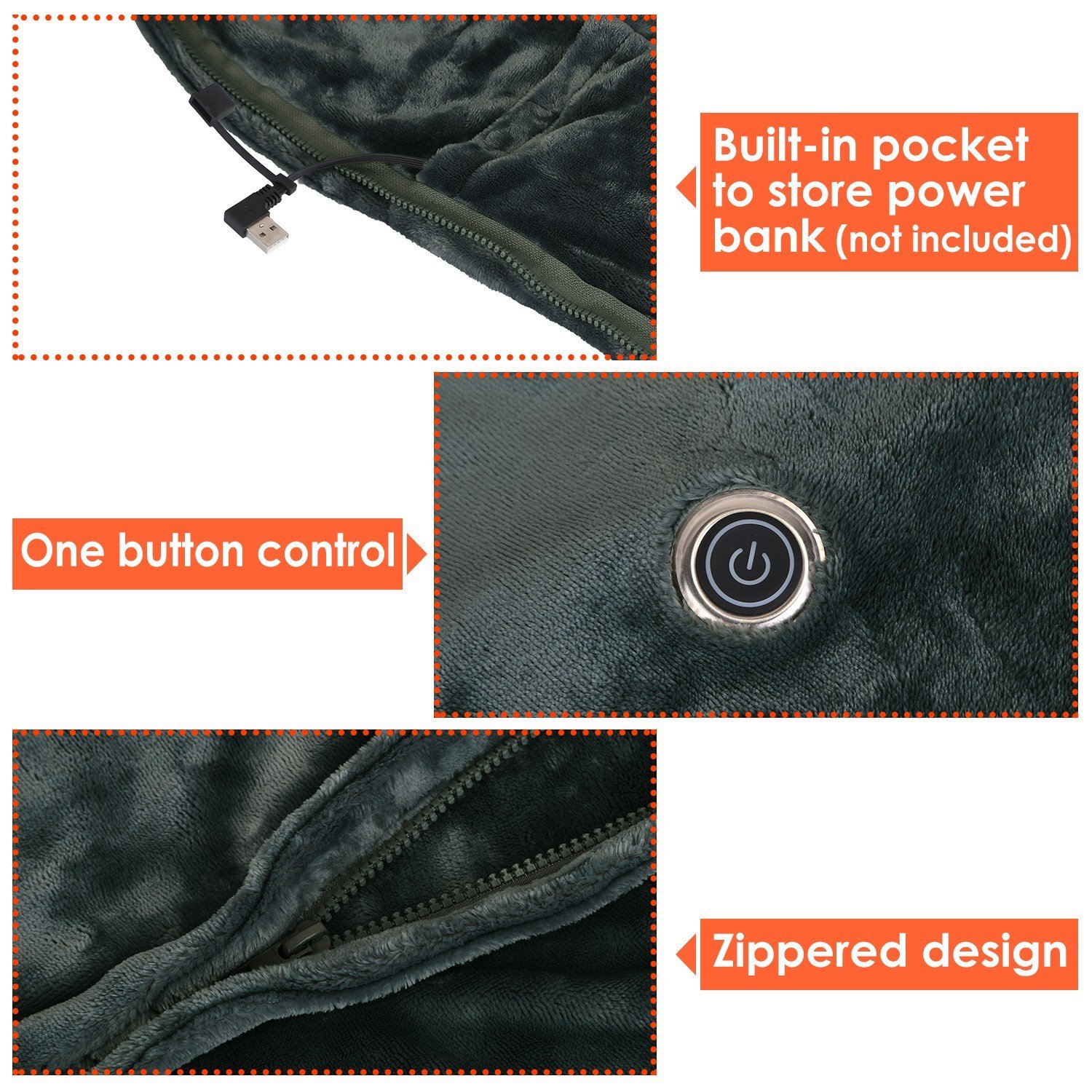 1Pc 59x31in USB Heated Blanket Electric Heated Blanket Heated Poncho Shawl Wrap Throw With Zipper Washable For Home Office No Power Bank Compatible With CJCD2415461 - Image 8