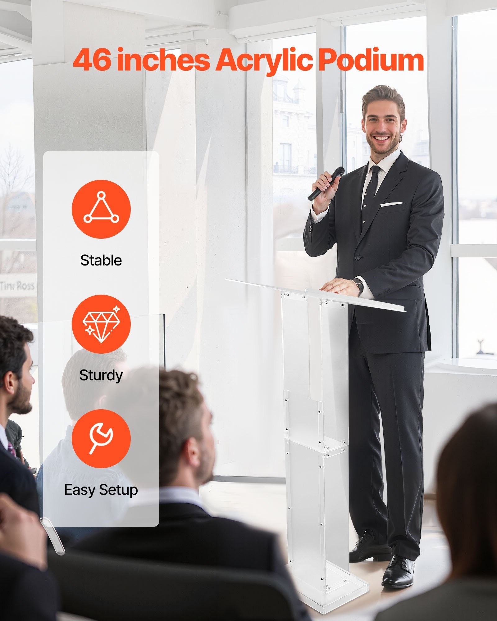 Podium Stand 50 In Portable Acrylic Lectern Storage Shelf Wide Reading Surface - Image 2