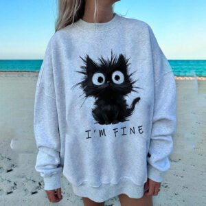 Women's Cute Kitten Graphic Sweatshirt, Fluffy Cat Letter Print Hoodie, Long Sleeve Crewneck Pullover Top