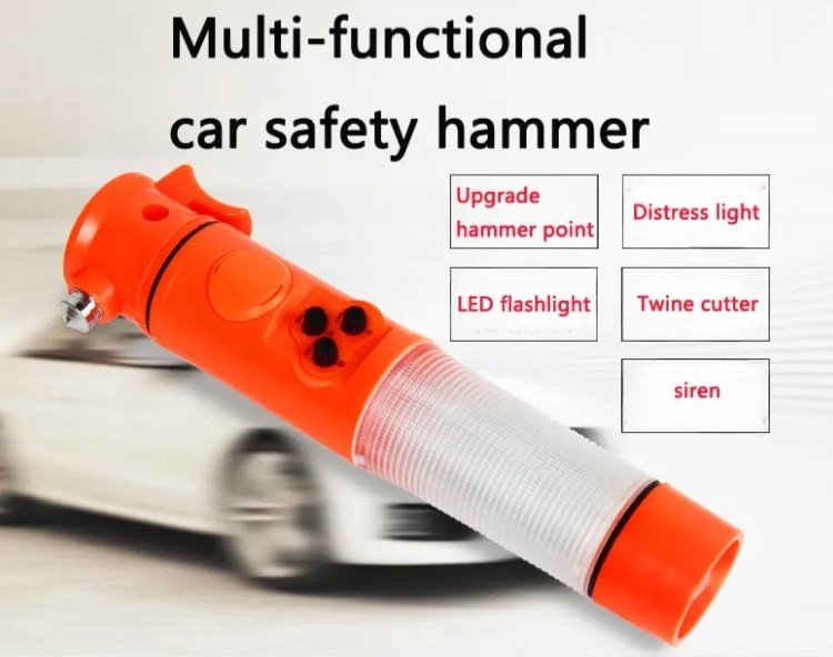 Red&Yellow Multi-functional Car Safety Hammer With Flashlight - Image 5