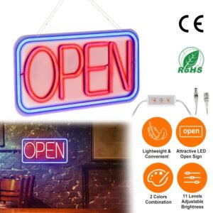 1Pc LED Open Sign 16.5x9.1in Business Neon Open Sign Advertisement Board With 11 Levels Adjustable Brightness