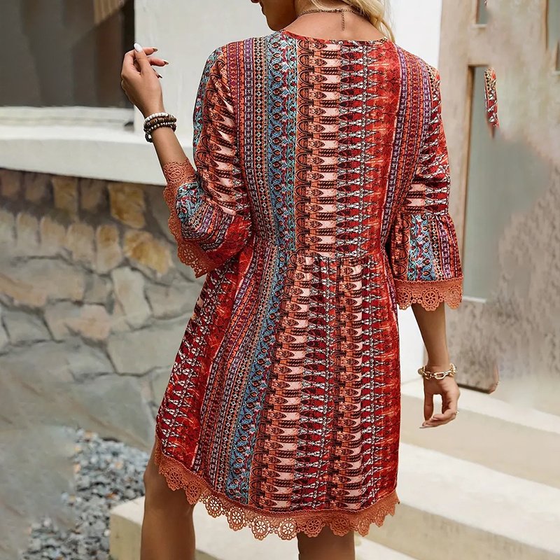 Women's V-Neck Print Dress - Lace Trim Summer Sundress, Casual Boho Chic Style - Image 6