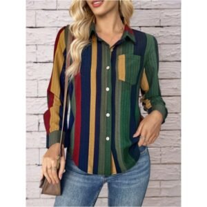 Womens Contrast Color Button Down Collared Shirt Casual Long Sleeve Business Office Work Blouses Tops