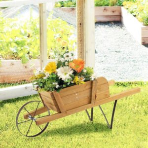 Wooden Wagon Planter With 9 Magnetic Accessories For Garden Yard