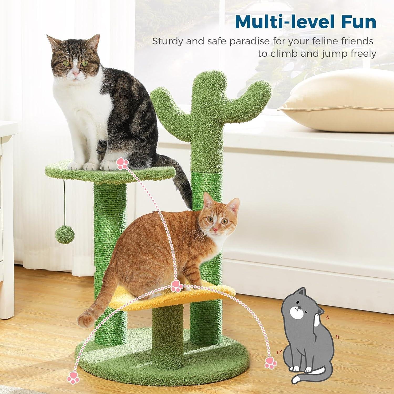 26 Inch Cactus Cat Tree With Bird's Eye View Flower Perch, Soft Cactus Top And Hanging Ball, Compact Vertical Structure For Indoor Cats - Image 2