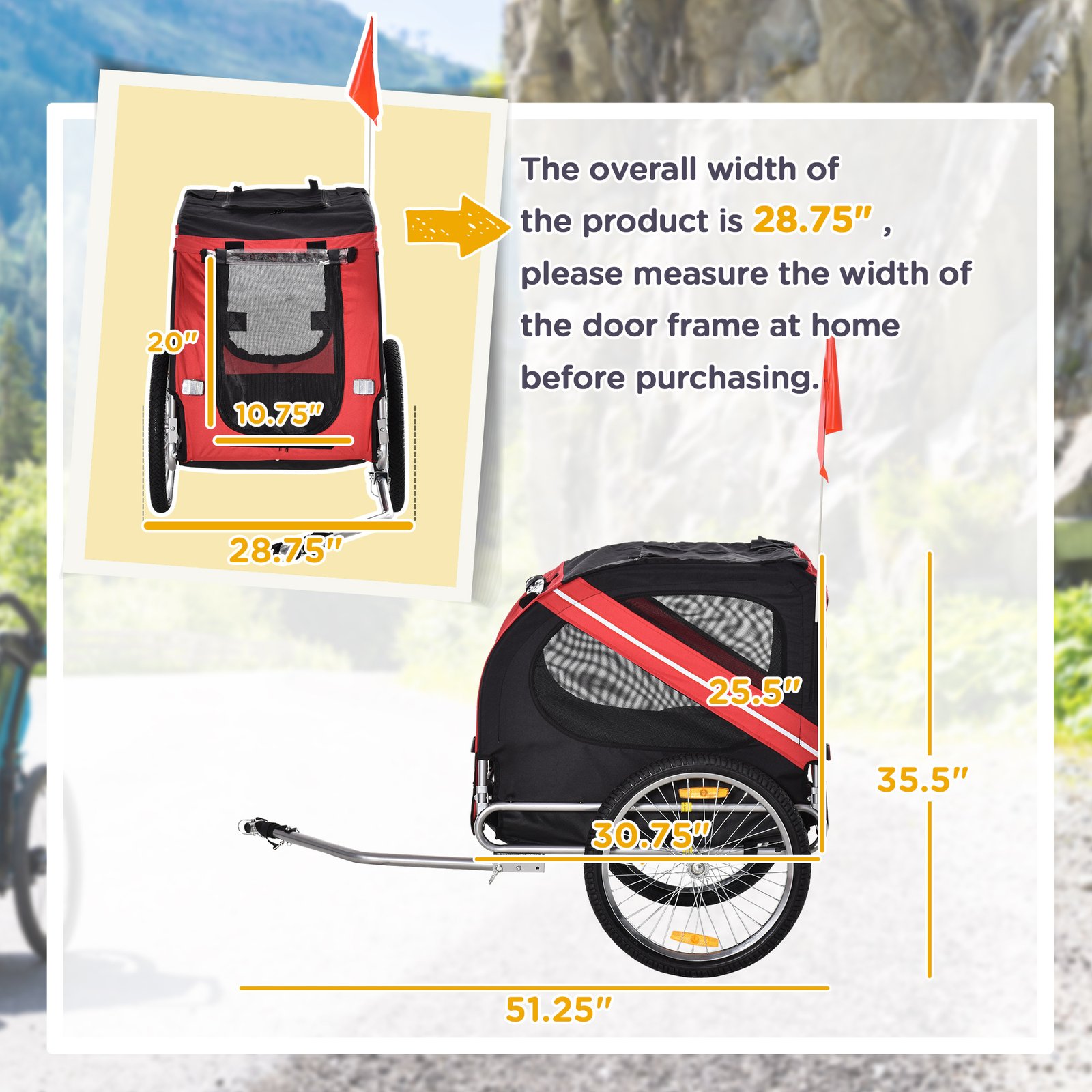 Dog Bike Trailer With Easy Folding Cart Frame, Large Wheels, 3 Entrances, Mesh Screen, For Dogs Within 44 Lbs, Red & Black - Image 7