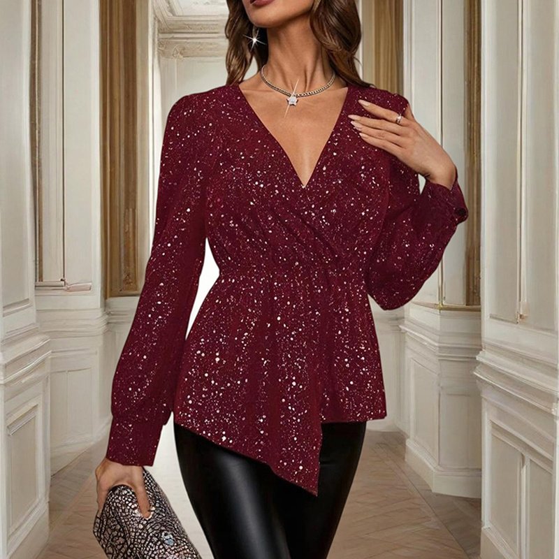 Women's Asymmetrical Hem Solid Color V-Neck Long Sleeve Blouse - Stylish Casual Flash Top For Spring&Fall - Image 7