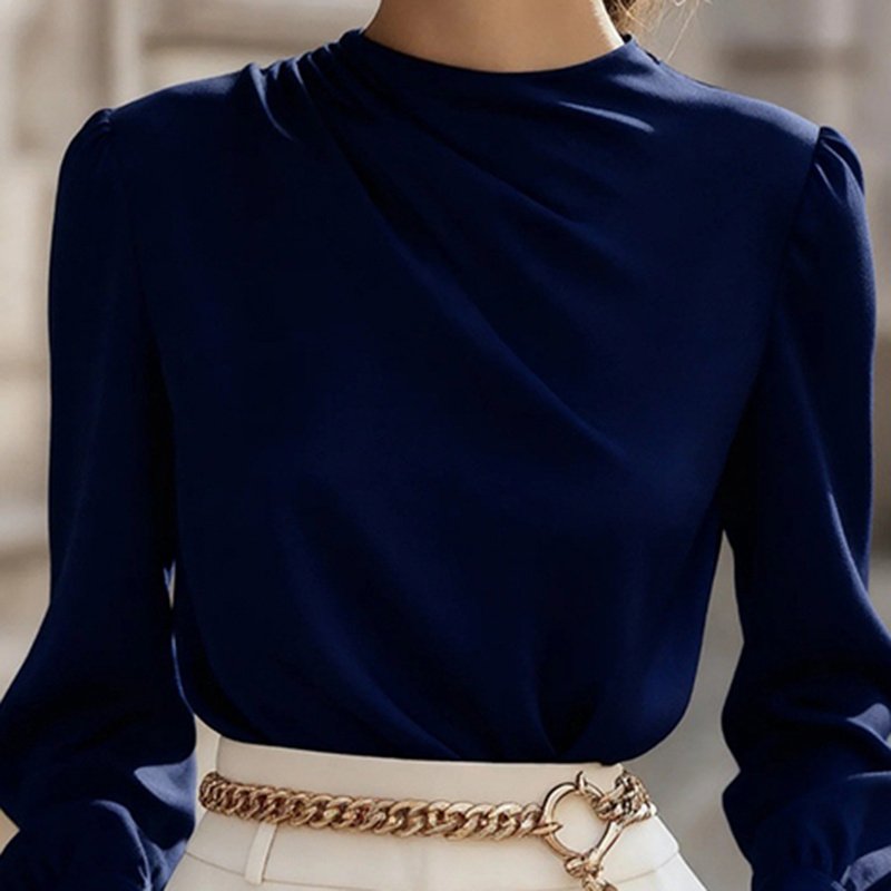 Women's Pleated Long Sleeve Blouse, Round Neck Business Casual Shirt, Dressy Fall 2025 Work Tops - Image 10