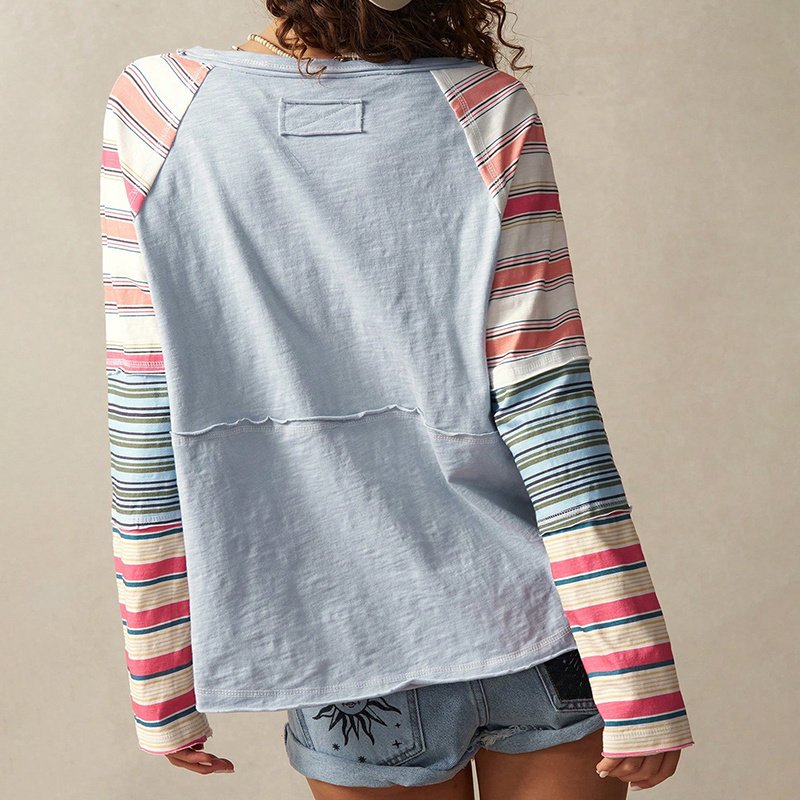 Women's Striped Long Sleeve Top Round Neck Pullover With Unique Patchwork Design For Spring&Fall - Image 5