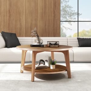 Round Coffee Table, 32 Wood Coffee Tables For Living Room With Storage, 2-Tier Center Circle Counter With Wooded Desktop