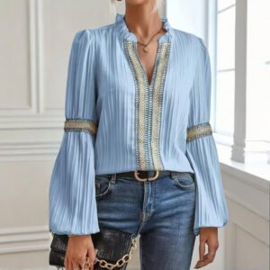 Boho Chic Colorblock Top, Women's Patchwork Blouse With V Neck And Lantern Sleeves