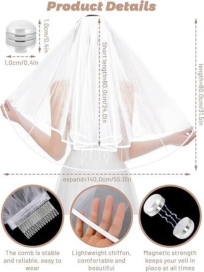Bridal Veil Wedding Veil Weights Short 2 Tier Veil And 12 Pairs Veil Weights Magnetic Double Sided Artificial Pearls Silver Button For Bachelorette Party Bridal Shower Veil First Communion Clearance - Image 3