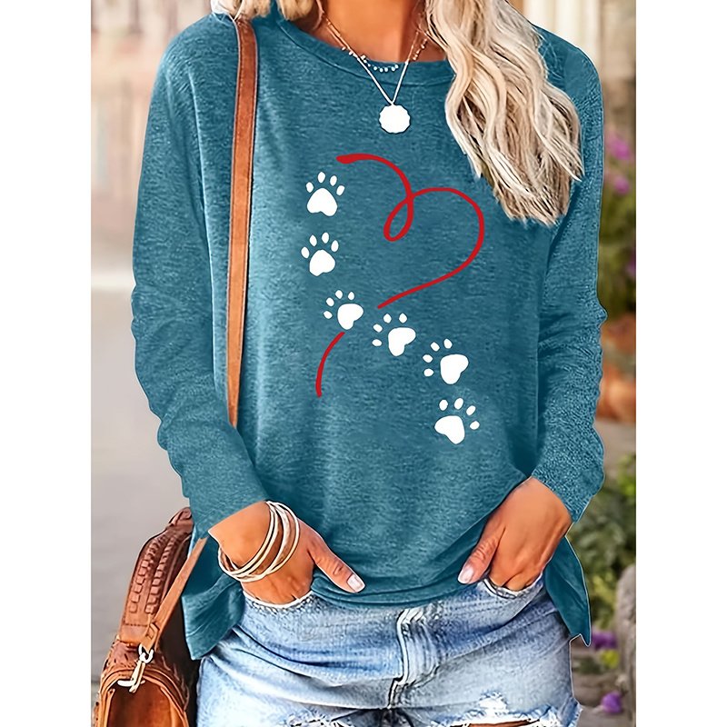 Women's Heart & Dog Paw Print T-shirt, Cute Crew Neck Long Sleeve Top For Spring & Fall - Image 3
