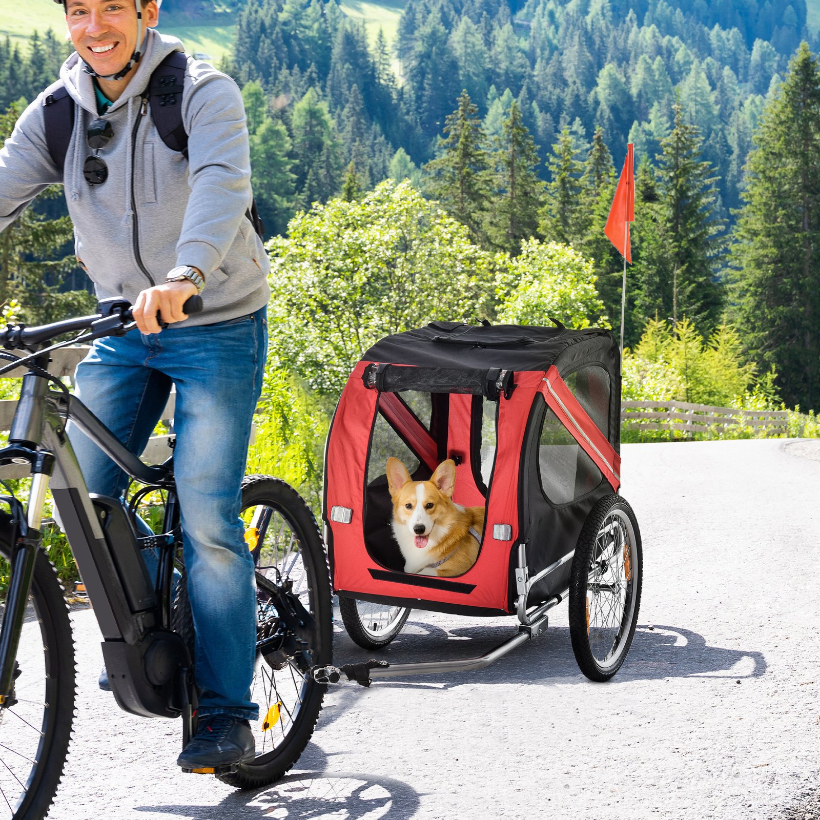 Dog Bike Trailer With Easy Folding Cart Frame, Large Wheels, 3 Entrances, Mesh Screen, For Dogs Within 44 Lbs, Red & Black - Image 4