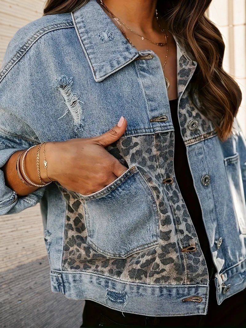 2025 Wear And Tear Denim Jacket, Women's Leopard Patch Short Jacket, Fashionable Street Outdoor Style, Women's Leopard Print Denim Jacket, Cool And Casual - Image 5