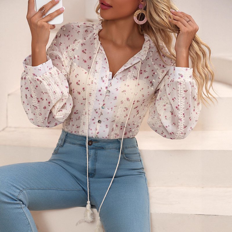 Boho Chic Women's Blouse, Floral Print V Neck Lantern Sleeve Sheer Top For Elegant Casual Wear - Image 5