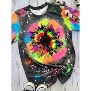 Women's Casual Short Sleeve Round Neck T-Shirt - Vibrant Sunflower & Geometric Print, Regular Fit, Spring&Summer Top