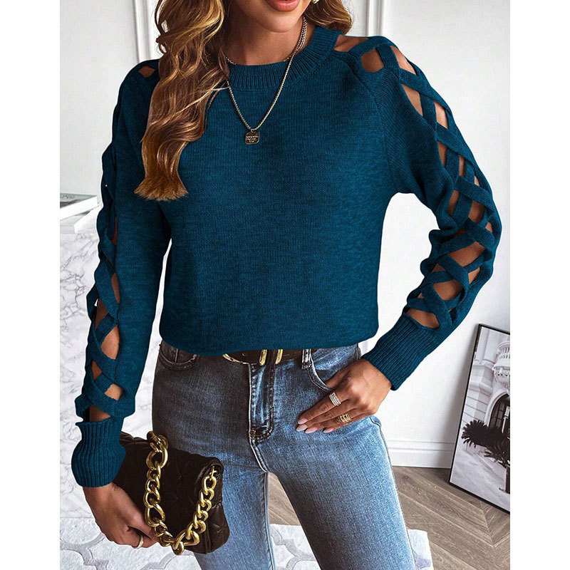 Women's Casual Long Sleeve Hollow Out Sweater, Trendy Chic Crewneck Openwork Knit Pullover Top For Fall - Image 6
