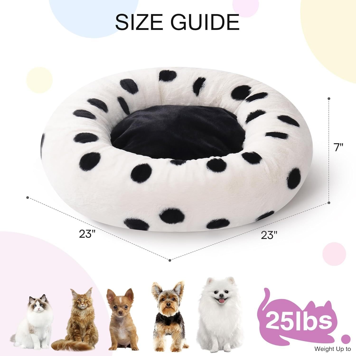MEWOOFUN Donut Cat Bed For Indoor Cats - 23 Inch Round Washable Pet Bed With Non-Slip Bottom, Plush Fluffy Small Dog Bed For Puppies & Kittens, Black Dot - Image 2
